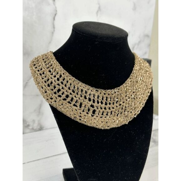 Crocheted chainmail bib necklace, Cleopatra Gold Mesh Collar Necklace - Picture 2 of 12